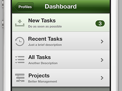 Dashboard view app design icons interface iphone table task todo ui