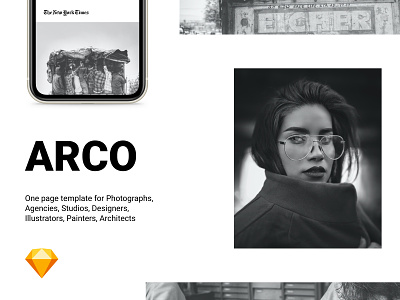 Arco, one page template for Sketch and Figma agency architects black design figma illustrators onepage painters photographer portfolio sketch studio template traveller website website design white