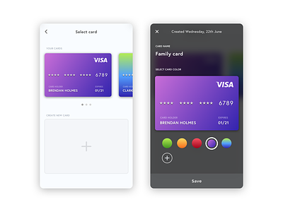 Create a new card app black blue card green ios iphone orange payment purple red white