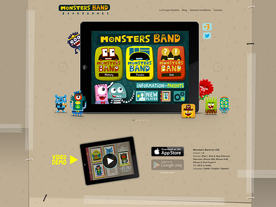 Monsters Band launch website brown game illustrations ios ipad iphone kids