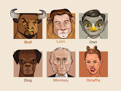 Star Animals art artwork bean bull celebrity character characterdesign cyrus dog female ice cube illustration lion mr.bean owl putin samuel seleb stars travolta