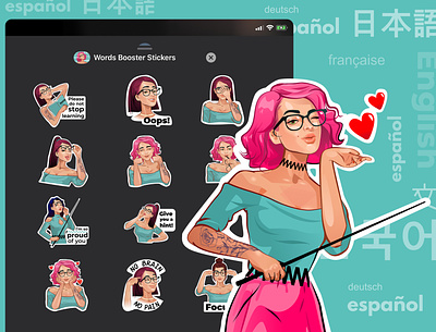 Words Booster Stickers art cartoon character characterdesign design female girl hint illustration language app language learning learning app sex sexy sticker design stickers teachers ui vector web