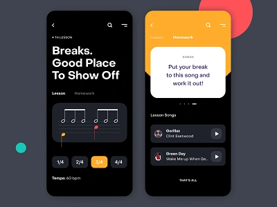 Drums Lessons App Part II Inside app application break drum lessons drummer drums learning app mobile music app player ui design