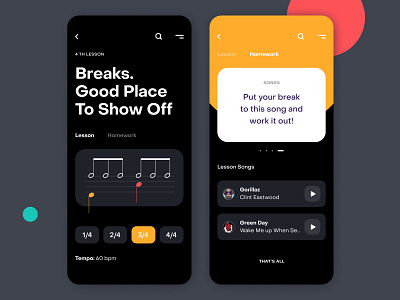 Drums Lessons App Part II Inside app application break drum lessons drummer drums learning app mobile music app player ui design