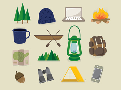 Camping & Outdoors Icons Hipster: Free backpack camping clean drawings explore free gear hiking hipster icons illustration illustrator map mtns nature outdoors symbols tent trees vector