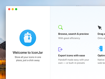 Onboarding screen for IconJar feature callouts guide iconjar mac macos native onboarding welcome