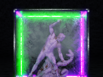 Homem lutrando contra seus demônios dentro de si. archelous art artwork blender3d cage match cour marly cube design fight green hercules light louvre museum neon purple snake statue