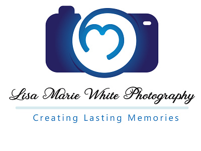 Logo for a photographer Lisa Marie blue camera heart lens heart logo royal blue saphire