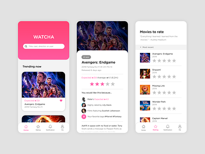 Movie Rating & Recommendation App app clean mobile movie pink rating recommendation redesign ui user interface white