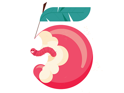 No. 5 5 apple five green leaf pink red school teacher typography worm