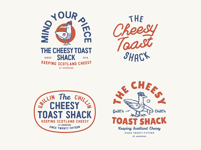 Cheesy Toast Beach Shack Logo Set badge beach branding cafe cheese food illustration logo seagull surf typographic logo typography