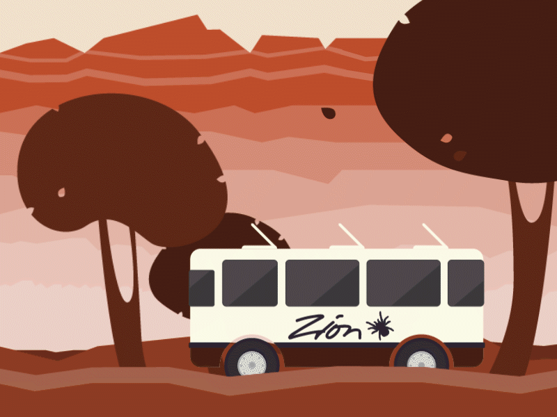 Zion National Park Shuttle Bus adobe after effects adobe illustrator animation hiking illustration leaves falling mountain illustration mustard yellow national parks outdoor colors shuttle southern utah spider trees zion national park
