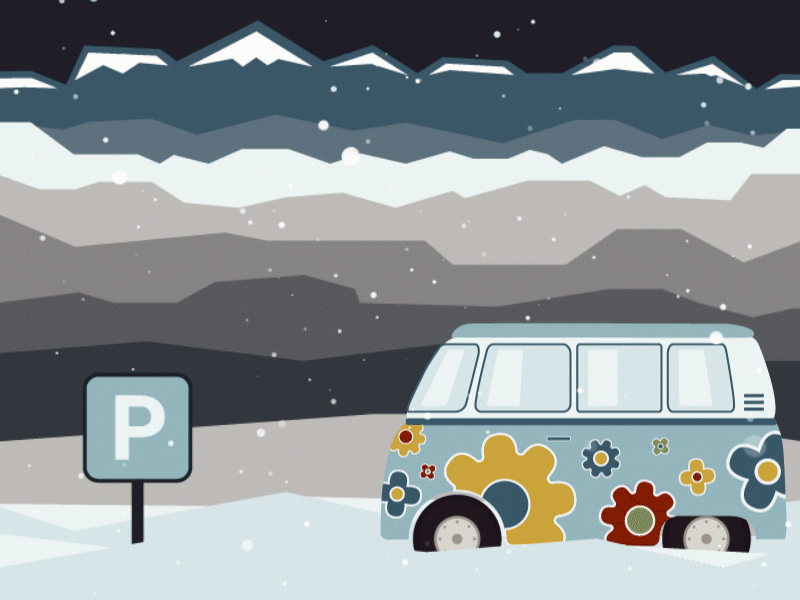 Parking Animation adobe after effects adobe illustrator animation animation after effects car animation colorful flower design hiking hippy van motion design mountains mustard yellow outdoor colors parking snow zion national park