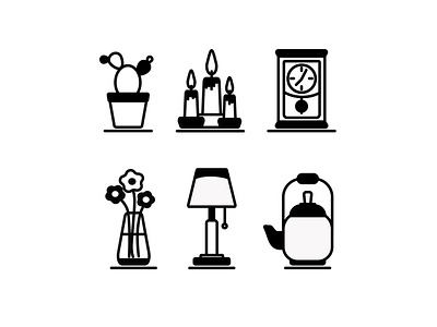 Cozy home branding cacti candles clock design flowers icon icons icons set illustration kettle lamp logo vector