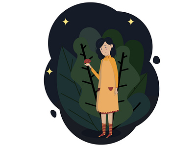 Cute girl in forest in the night adobe illustrator ai forest gigantic plants girl girl character illustration night plants stars vector