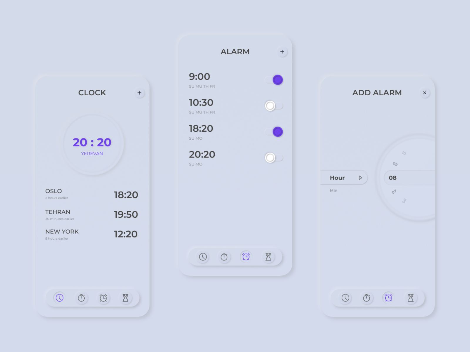 Alarm app light mode neumorphic design by Diana Muradyan on Dribbble