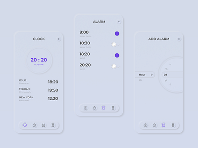 Alarm app light mode neumorphic design alarm alarmclock app design clock darkapp darkmode mobile app neumorphic design neumorphism