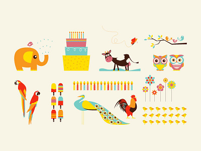 Children's Illustrations birds blue brown butterfly cake candles chickens children colourful cow elephant flowers illustrations kids lolly orange owls parrots peacock pink red vectors yellow