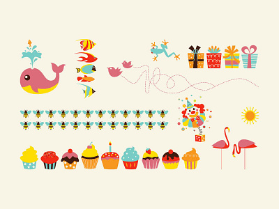 Children's Illustrations bees birds blue brown children clown colourful cupcakes fish flamingos frog illustrations kids orange pink presents red sun vectors whale yellow