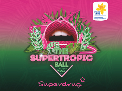 Superdrug Charity Event Branding beauty branding brochure design charity design design agency editorial design event artwork event branding leaves logo logo design logo design branding marie curie modern neon neon colors photgraphy superdrug tropical