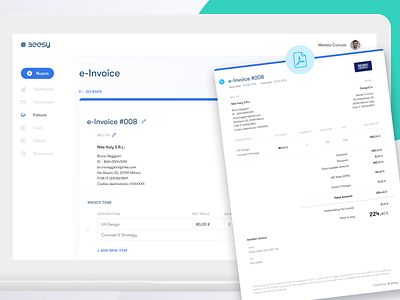 Beesy E-Invoice creation + PDF preview account accounting bank banking beesy creating invoice dashboard electronic invoice fatture finance fintech freelance design invoice invoice design invoice template invoices platform sidemenu uidesign
