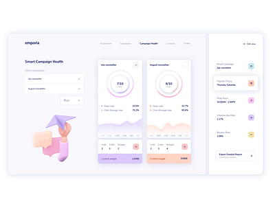 Emporia 3d analytics campaign health campaign monitor campaigns click through rate compare design email export graphs newsletter open rate report score ui ui design ux ux design
