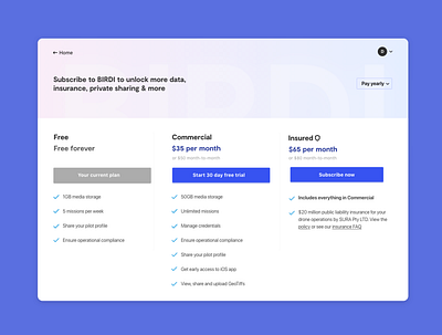 BIRDI Pricing page pricing plans subscription