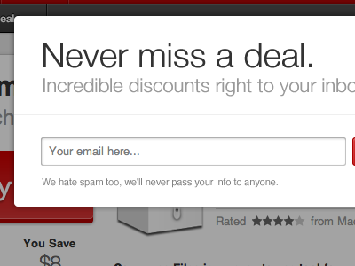 Never miss a deal. popover popup subscribe