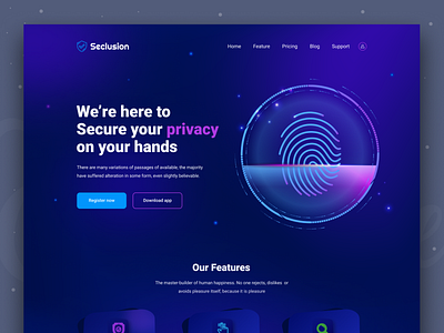 Privacy app landing page design app app landing page colorful creative design creative website dark theme dark website design fingerprint gradient home page illustration landing page privacy app security app ui uiux web website