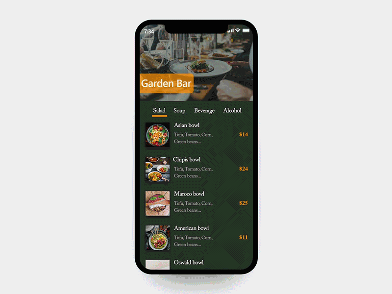 Daily UI #043 - Food/Drink Menu adobe xd app branding daily 100 challenge daily challange dailyui design drink drinks menu food food menu gif menu mobile ui ux