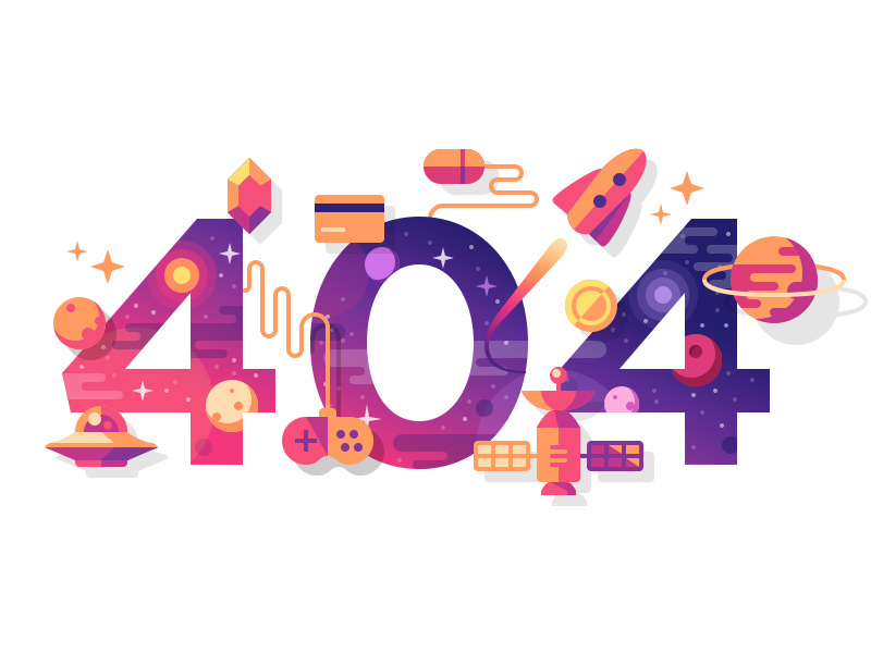 404 illustration rocket card gem satellite planet flat stars ufo space ui web 404