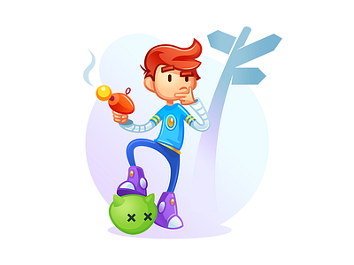 Illustration for the article adventure blaster boy character game ginger gun lazer monster signpost space thinking