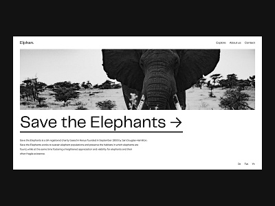 Elphan - Save the Elephants arrows brand branding button design elephant hero hero image link logo menu minimal paragraph social title typography ui ux design uidesign ux design webdesign