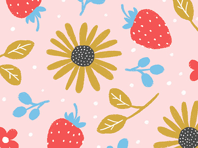 Summer Lovin childrens illustration cute digital illustration floral illustration flower pattern fruit pattern illustration pattern design playful strawberry sunflower surface design
