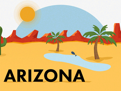 Arizona animation arizona desert fish flat gif oasis palm trees pond sun usa