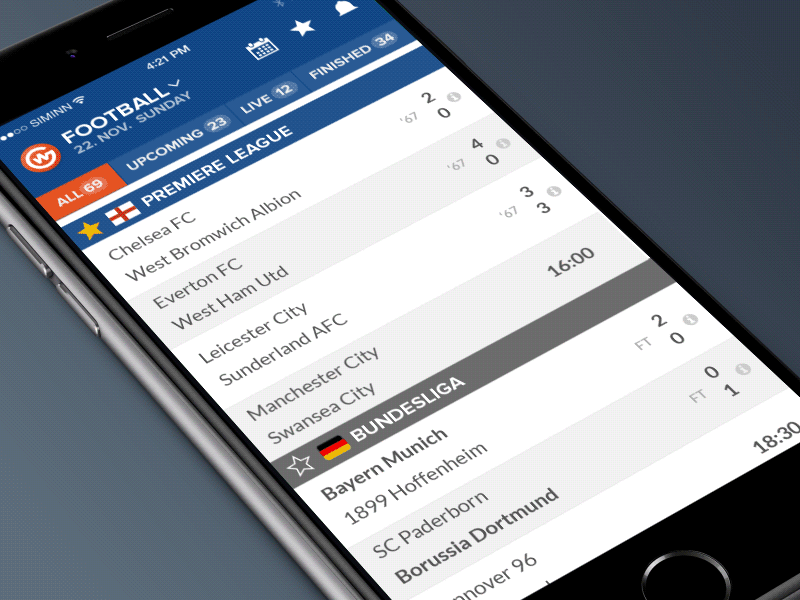 Goalwire Sportmenu animation app flat livescore mobile navigation sport ui