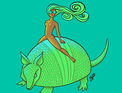 Mother of Armadillos armadillo digital color digitalart drawing fantasy green illustration procreate sunglasses woman