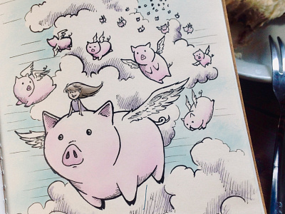 When Pigs Fly digital color drawing fantasy illustration ink pencil pig