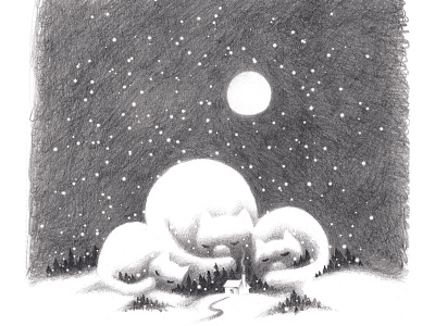 Catmountain cat drawing fantasy holiday illustration moon night pencil snow winter