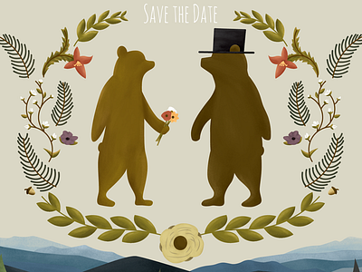 Save The Date pt 2 bears floral flowers illustration mountains postcard save the date wedding