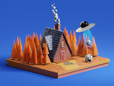UFO 3d 3d art 3d modeling animal house lesson lowpoly lowpoly3d village