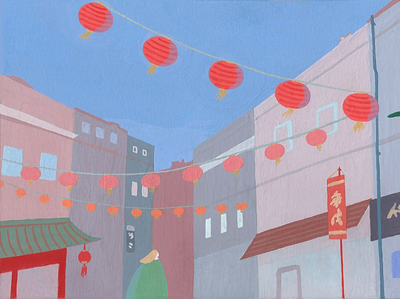 Chinatown acrylic gouache illustration painting