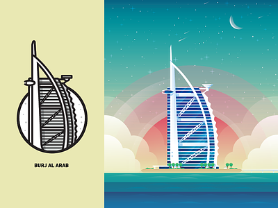 Burj Al Arab beach city icons illustration mark middle east skycrapper