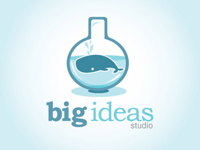 Big Ideas whale big ideas glass bottle illustration logo branding identity blue big fish in a little pond