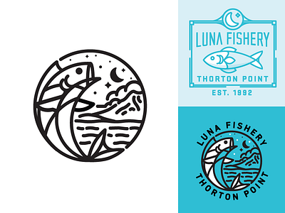 Luna Fishery badge fish illustration lake logo mark market moon sign type water