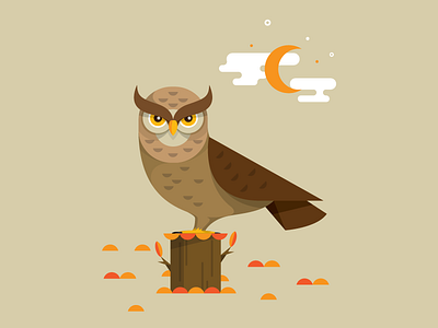 Owl bird clouds fall illustration leaves owl trees