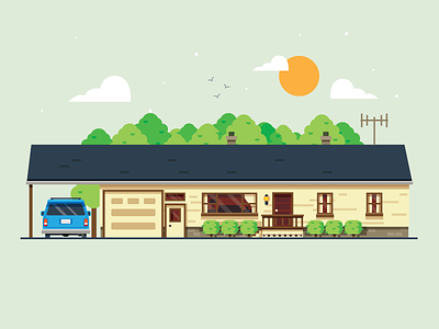 Old House on Ridge Road building car clouds garage home house illustration sun trees