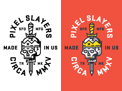 Pixel Slayer badge gold logo mark skull sword tooth