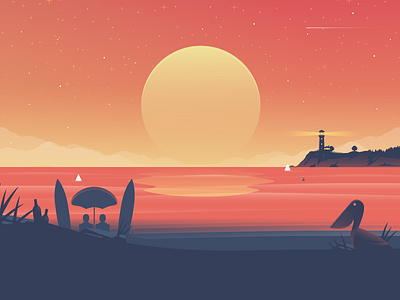 Sunset beach illustration landscape landscapes lighthouse pelican sun