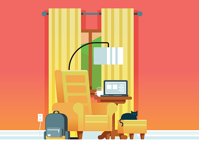 Working From Home backpack building cat chair coffee computer home house illustration lamp